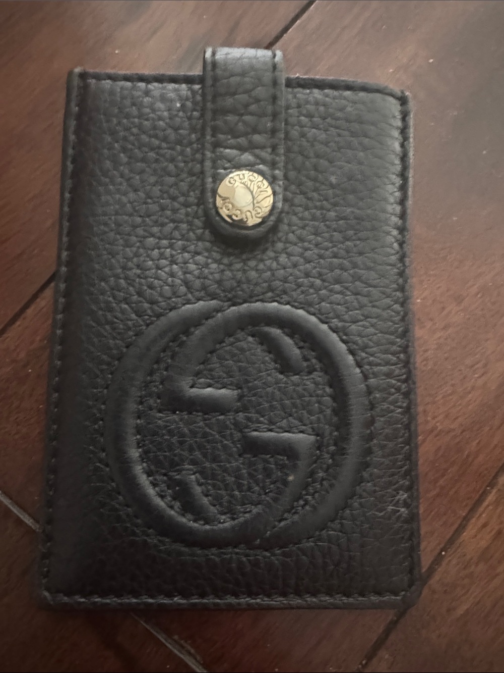 Gucci Black Pebbled Leather Phone Wallet Case with Embossed Logo